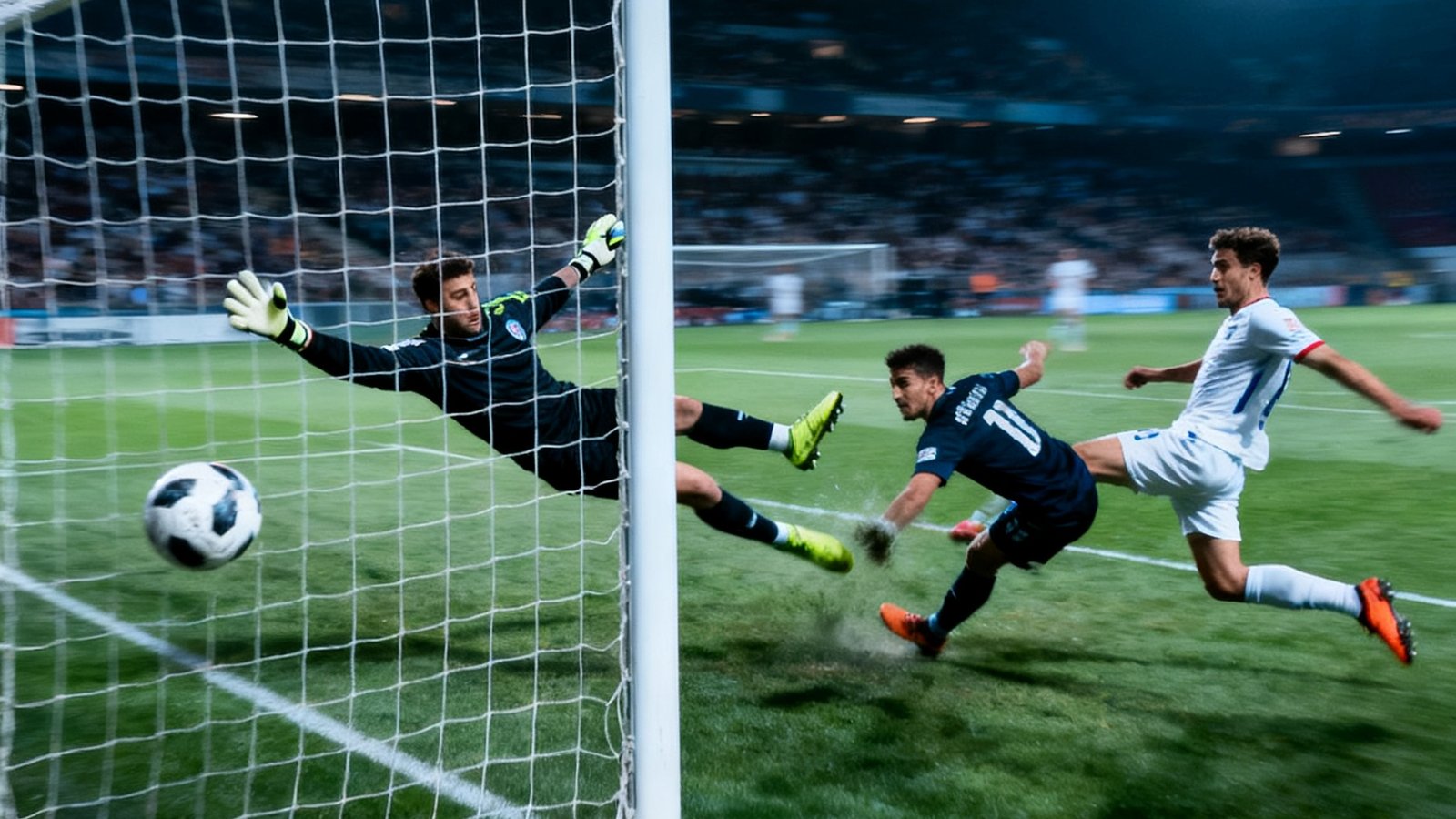 单进球回放截图展示前锋在禁区内起脚射门的瞬间，足球即将离开脚背飞向球门远角，门将飞身扑救